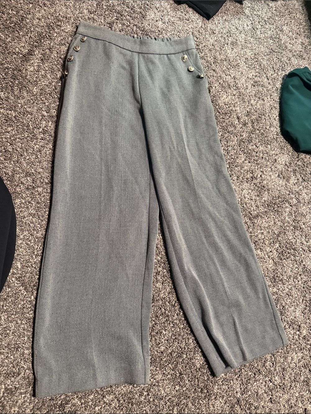 Women's Gray Wide-Leg Knit Pants with Gold Buttons